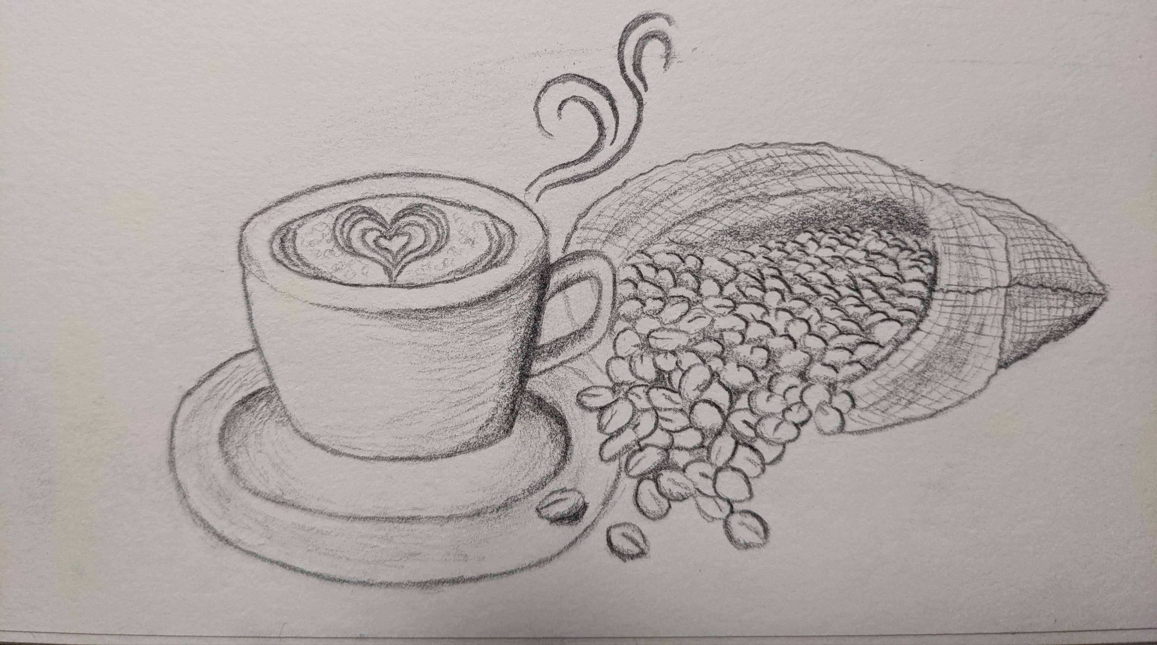 Sketch of a coffee cup on a saucer with a heart design in the foam, beans in a bag spilling over, white background