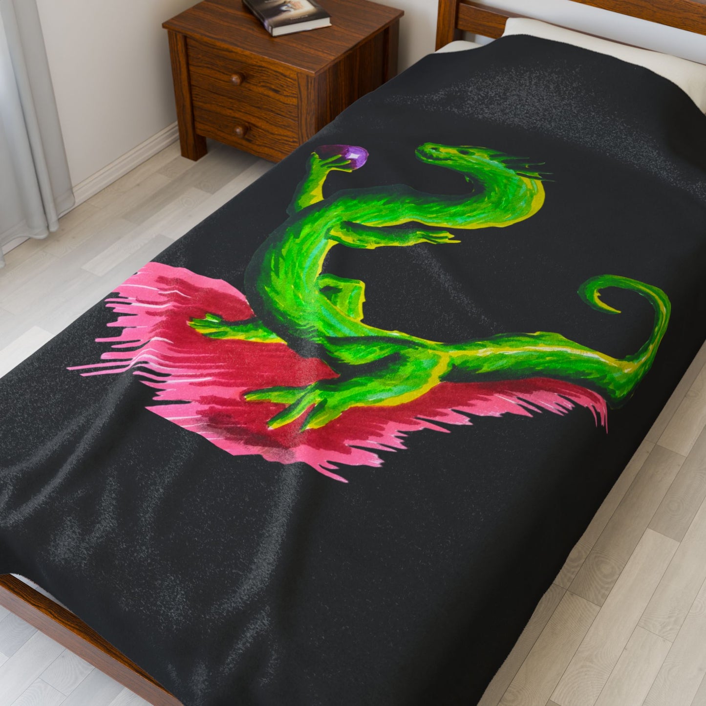 Plush Blanket - Green Dragon with Purple Sphere Design
