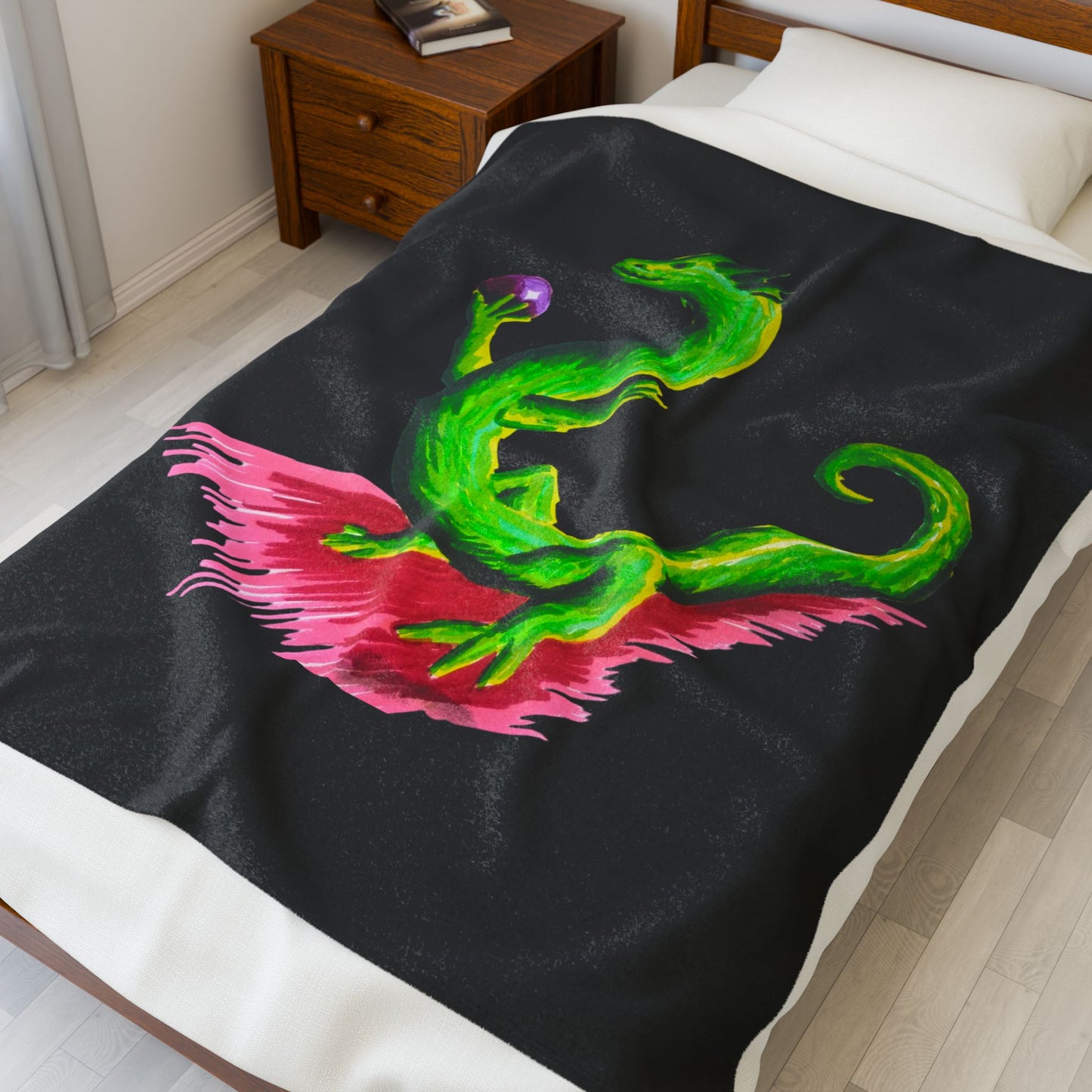 Plush Blanket - Green Dragon with Purple Sphere Design