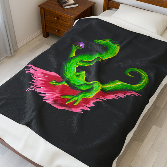 Plush Blanket - Green Dragon with Purple Sphere Design