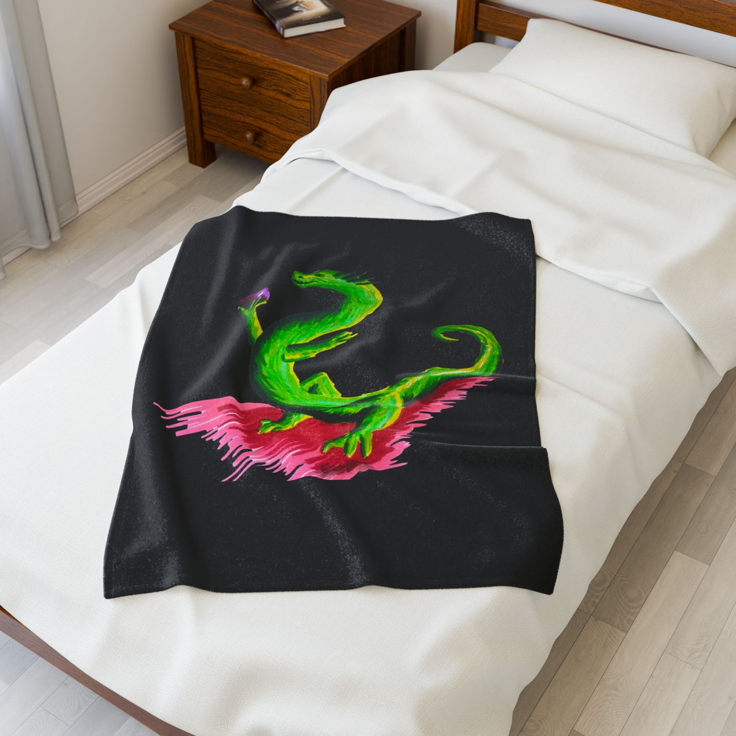 Plush Blanket - Green Dragon with Purple Sphere Design